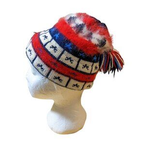 Vintage Handmade Wool Beanie Hat Cap Knit Tassel Red White Blue Murray Merkley